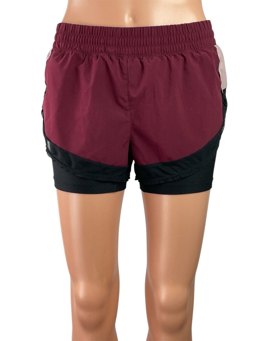 MPG Sports Women's Black Maroon Built-in Compression Athletic Running Shorts XS